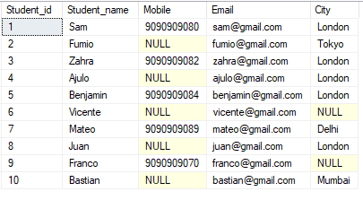 student table records 