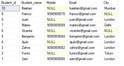 student records in descending  order by column number 